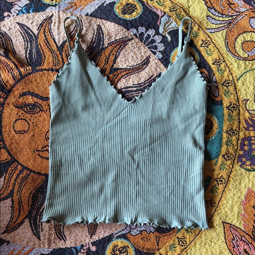 Free People Intimates Ribbed Green Spaghetti Strap Top